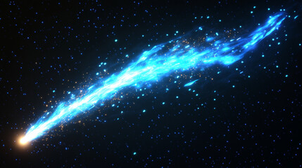 Fototapeta premium Blue fire lines with light sparks, cracker trail effect. Isolated petard sparkles, magic spell, weapon or wand trace. Bright glowing comet, flying asteroid, neon stripes, Realistic 3d vector set