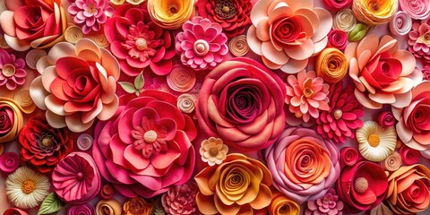 Vibrant floral arrangement backdrop composed of colorful paper roses in shades of pink and red, with intricate details and texture, wedding decor, paper flowers