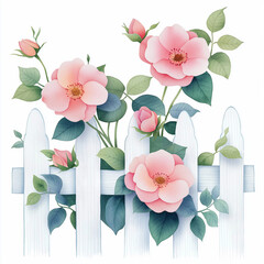 Watercolor depiction of a climbing rose vine wrapping around a wrought iron trellis in a backyard