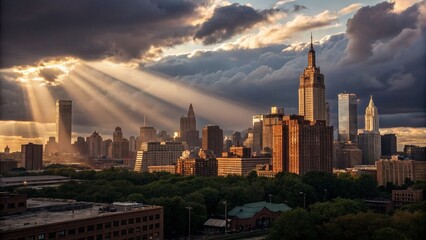 Naklejka premium Dramatic Low Light Cityscape: Heavy Clouds & Early Sunrise