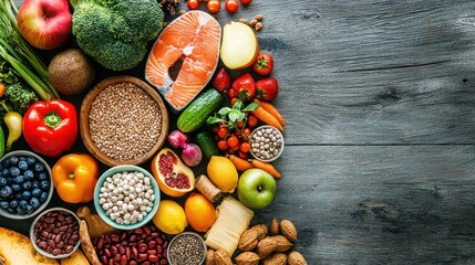 A Bountiful Selection Of Healthy Foods Arranged On Wood