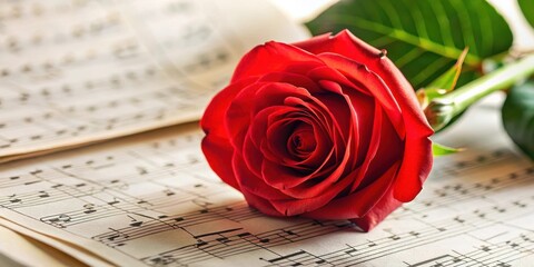 A single red rose sits elegantly on a musical note page with various notes and sheet music surrounding it, elegant, peaceful