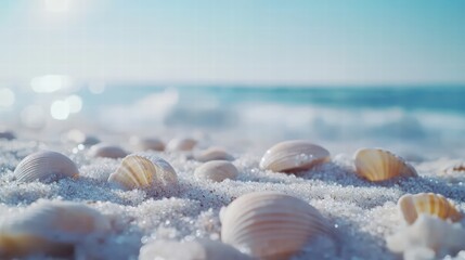 Close-Up of Beautiful Seashells on Sandy Beach with Soft Waves