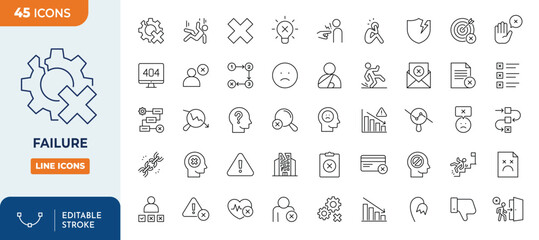 Fail or failure icon set. Failure icon set. Outline Icon Collection. Vector illustration. Editable stroke	