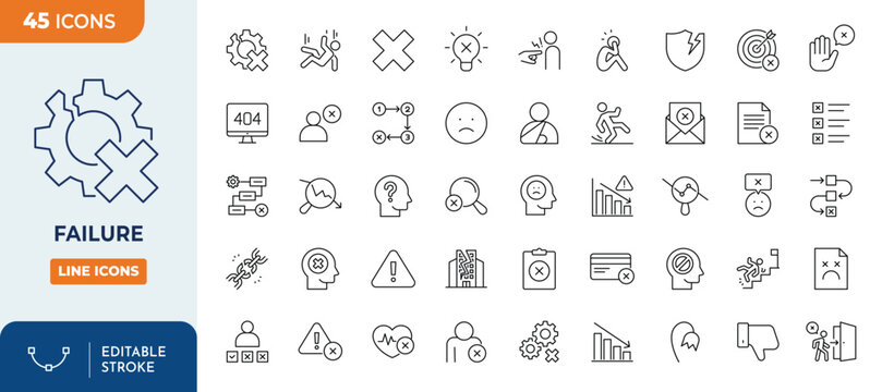 Fail or failure icon set. Failure icon set. Outline Icon Collection. Vector illustration. Editable stroke	