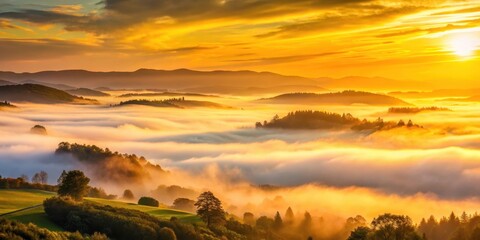 Naklejka premium Golden hues of sunrise peeking through the clouds in a serene landscape with soft, wispy fog, set against a backdrop of rolling hills and misty valleys, serene landscape, golden light