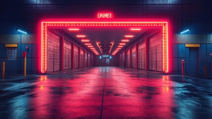 A neon-lit corridor reflecting rain with a vibrant entrance sign.