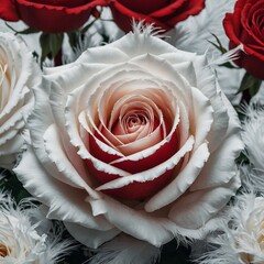 A freshly bloomed red and white rose surrounded by white feathers.