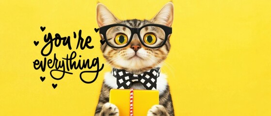 Adorable Cat in Glasses Holding Gift, Youre Everything Message