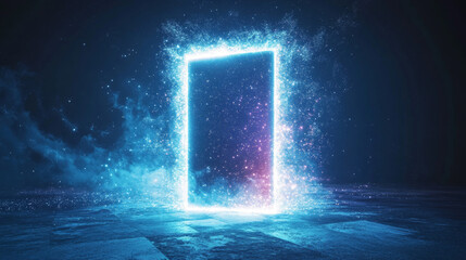 The hologram door. Holographic projection of the door. Flickering energy flux of particles.