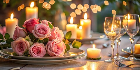 Obraz premium Softly lit dinner table with candlelight and roses, pink, candlelight, pink, candlelight, evening, luxury, dinner