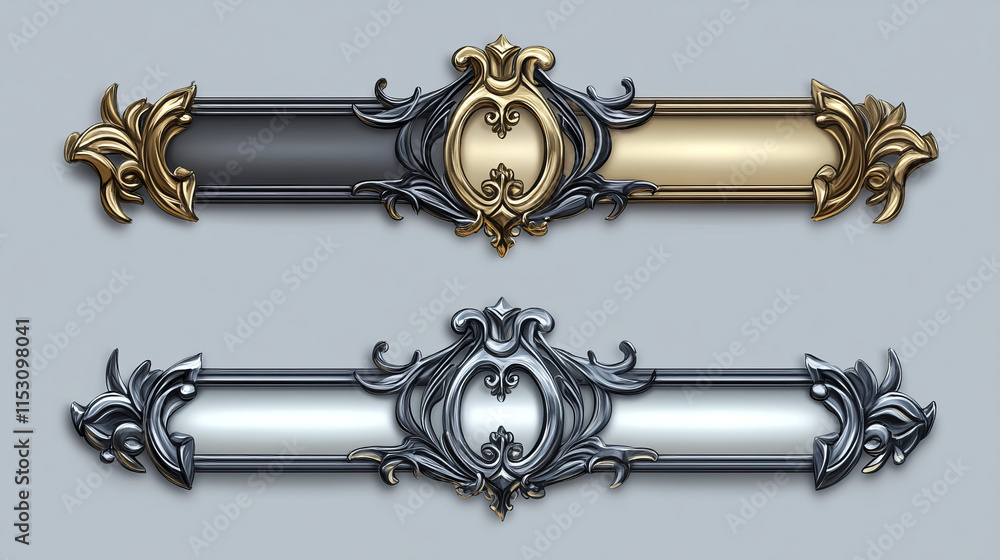 Poster game silver and gold buttons with fantasy frames in medieval style. vector cartoon set of empty bann