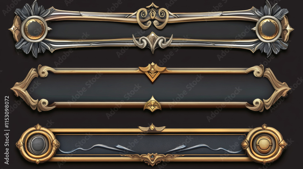 Poster game silver and gold buttons with fantasy frames in medieval style. vector cartoon set of empty bann