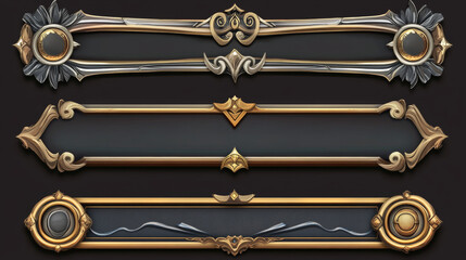 Game silver and gold buttons with fantasy frames in medieval style. Vector cartoon set of empty banners, game ranking bars with decorative borders isolated on background