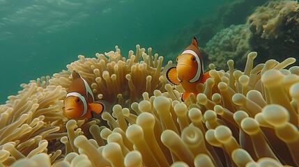 Two Ocellaris Clownfish nestled amongst the tentacles of a vibrant sea anemone.