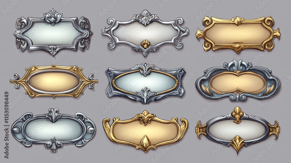 Poster game silver and gold buttons with fantasy frames in medieval style. vector cartoon set of empty bann