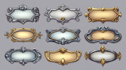Game silver and gold buttons with fantasy frames in medieval style. Vector cartoon set of empty banners, game ranking bars with decorative borders isolated on background