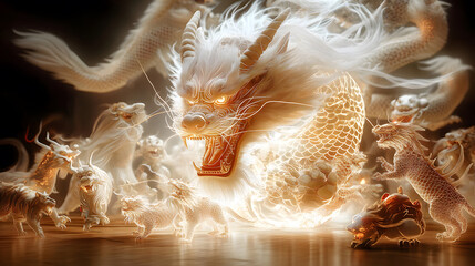 majestic dragon surrounded by twelve Chinese zodiac animals, glowing ethereally