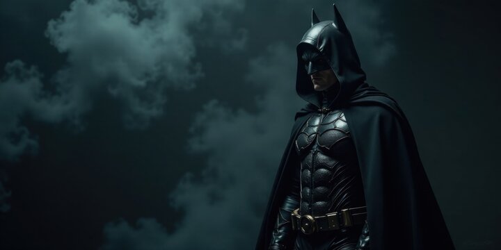 A Dark Knight in a Hooded Cape Stands Against a Stormy Sky, His Mysterious Gaze Fixed on the Horizon, Embodying a Vigilante's Solemn Duty