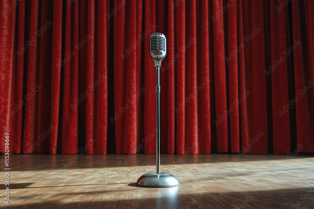 Poster classic microphone on stage with red curtains in background generative ai