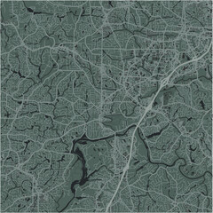 Map of Roswell in Georgia in a smooth dark style. Contains layered vector with roads water, parks, etc.