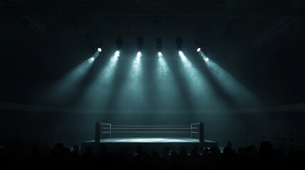 Empty boxing ring in a dark room and crowd, platform for fighting competitions bottom view