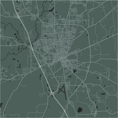 Map of Valdosta in Georgia in a smooth dark style. Contains layered vector with roads water, parks, etc.