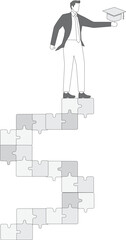 Success step to achieve higher education, cost to graduate high degree education, the way to achieve high education, student standing at the top of the stairs from puzzle while carrying graduation cap
