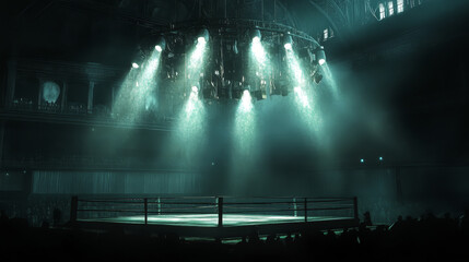 Empty boxing ring in a dark room and crowd, platform for fighting competitions bottom view