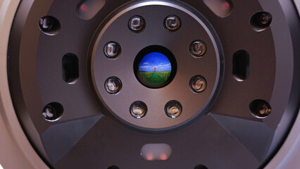 Patients view when lookng inside auto refractometer during eye exam at optometrists or doctors office. Air balloon image inside. Optical equipment for better vision