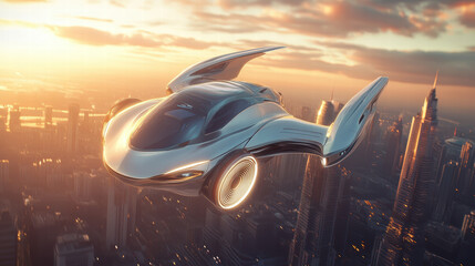 A futuristic cityscape with flying cars and skyscrapers, rendered in a concept art style