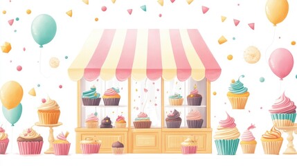 A cheerful shop banner with bakery goods, cupcakes, and pastries, enhanced by pastel decorations on a white background.