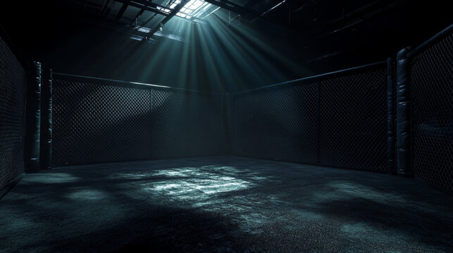 A 3D render of an MMA fight cage arena dressed in black padding spotlit by a single light on an isolated dark background - 3D render