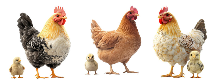 A collection of three hens with varying feather patterns standing alongside fluffy chicks. Isolated on a transparent background, ideal for educational and farm-related projects.