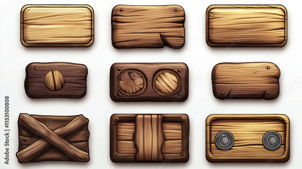 Poster wooden game interface elements with natural grain texture. set of rectangular buttons, directional a