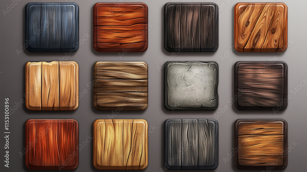 Poster wooden game interface elements with natural grain texture. set of rectangular buttons, directional a