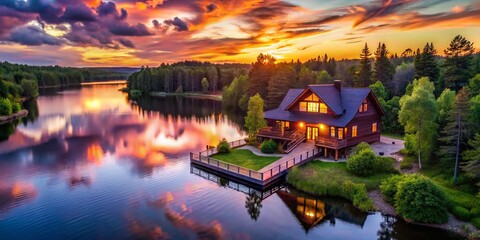 Fototapeta premium Drone View: Rustic Wooden Lake House - Peaceful Lakeside Retreat