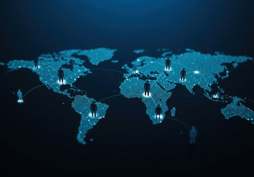 Global network, interconnected figures, world map, glowing nodes, digital connectivity