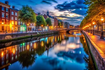 Naklejka premium Dublin's Bachelors Walk at Dusk: River Liffey Night Photography