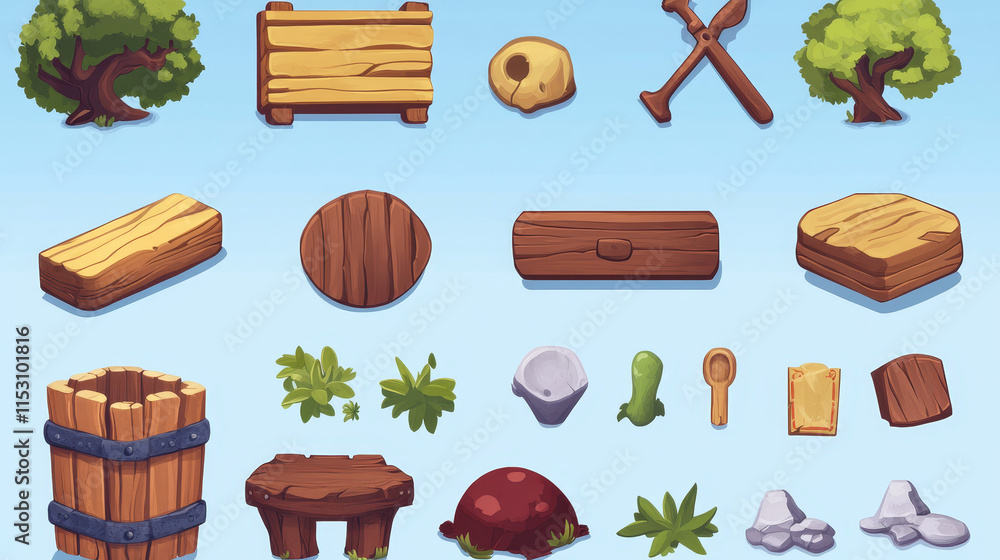 Poster cartoon wooden game assets,the kit for game ui development, vector gui elements