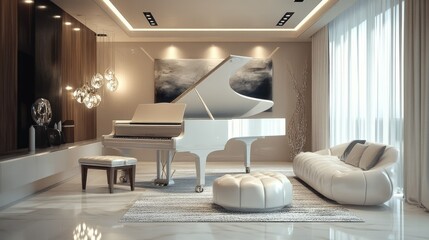 A contemporary music room with a sleek white grand piano, modern lighting fixtures, and an abstract art piece.