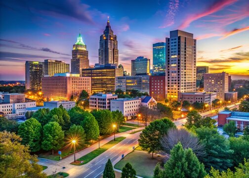 Durham NC Downtown Skyline Panorama - Modern Cityscape at Dusk