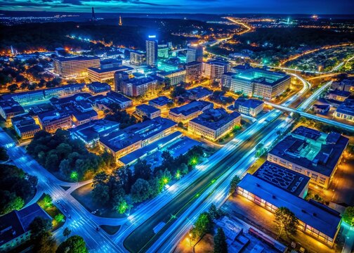 Durham NC Night Map - Glowing Neon Cityscape Aerial View