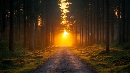 Fototapeta premium Sunset Path Through Pine Forest Nature Landscape