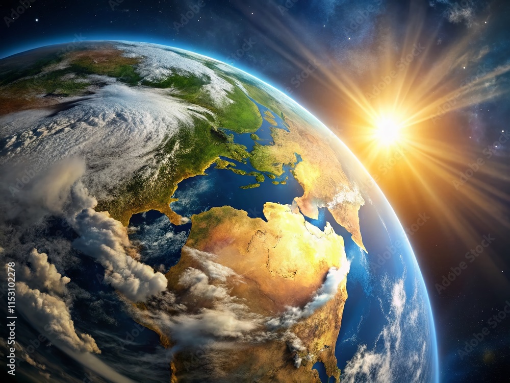 Aufkleber earth's axial tilt: sunlight illuminates a rotating planet with high depth of field