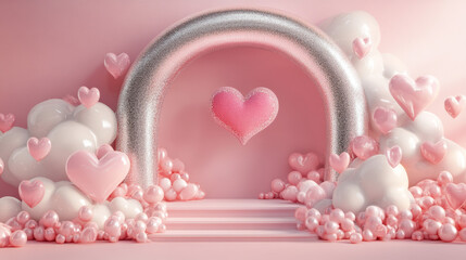 3d pink love podium for product display in studio background. Abstract valentine day banner template with y2k silver chromatic element and cloud design. Promotion offer stand with wall and arch