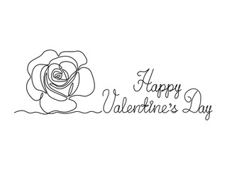 Happy Valentine's Day handwritten inscription, postcard with rose flower.continuous single line art drawing sketch, logo