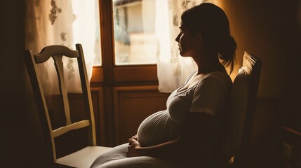 Fototapeta premium Empty chair beside a pregnant woman symbolizes anticipation and the future, representing the quiet moments of preparation and the unspoken bond between mother and child.