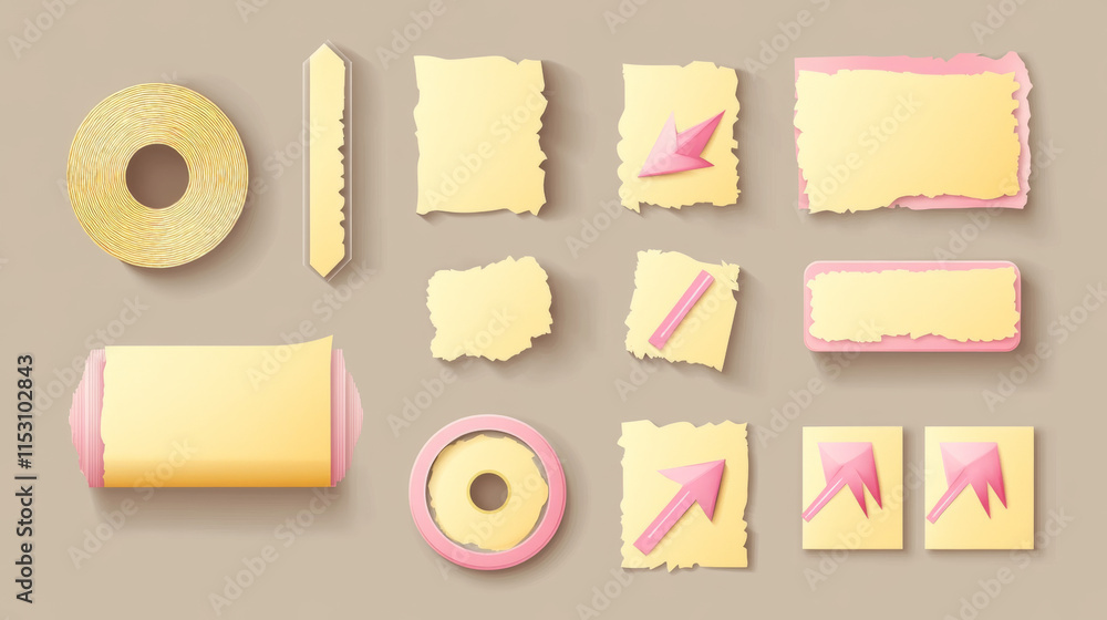Poster template a tape with wrinkles. set of yellow scotch for collage. square and round stickers with glue
