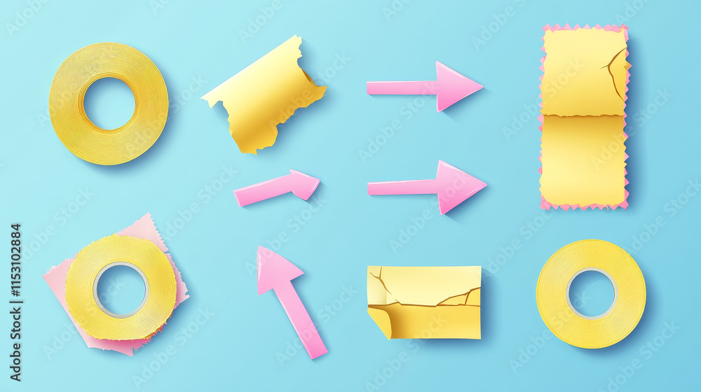 Poster template a tape with wrinkles. set of yellow scotch for collage. square and round stickers with glue